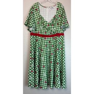Unique Vintage Ladybug Gingham Swing Dress Green White Red Plus Size 3X 2222